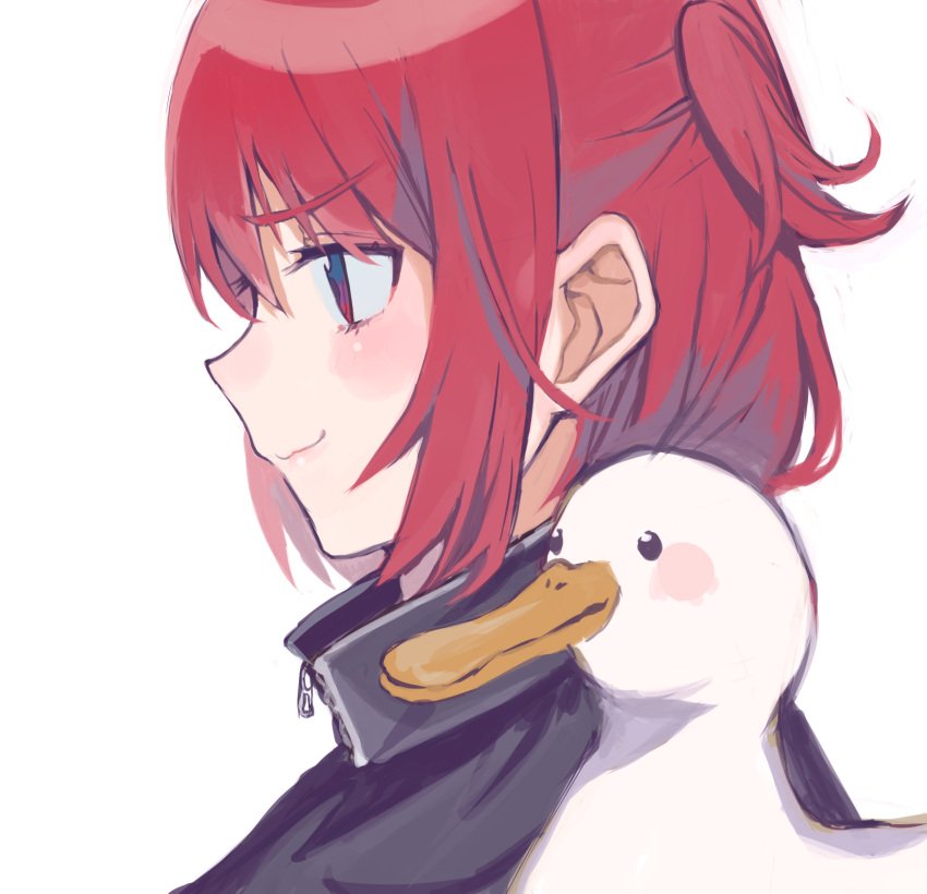 1girl animal bird black_shirt commentary_request duck from_side heremia highres looking_away original profile red_eyes redhead shirt simple_background solo two_side_up upper_body white_background