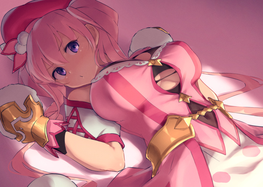 1girl bangs blush breasts cleavage_cutout clothing_cutout dress highres large_breasts long_hair looking_at_viewer lying nitro_(mugityaoisii) on_back pink_dress pink_hair pink_headwear princess_connect! princess_connect!_re:dive puffy_short_sleeves puffy_sleeves short_sleeves tsumugi_(princess_connect!) twintails violet_eyes white_mittens