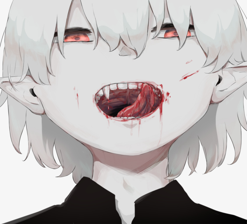 1boy avogado6 black_shirt blood blood_in_mouth blood_on_face commentary_request fangs grey_hair hair_between_eyes licking_lips looking_at_viewer male_focus original pale_skin pointy_ears portrait red_eyes shirt simple_background solo tongue tongue_out vampire white_background