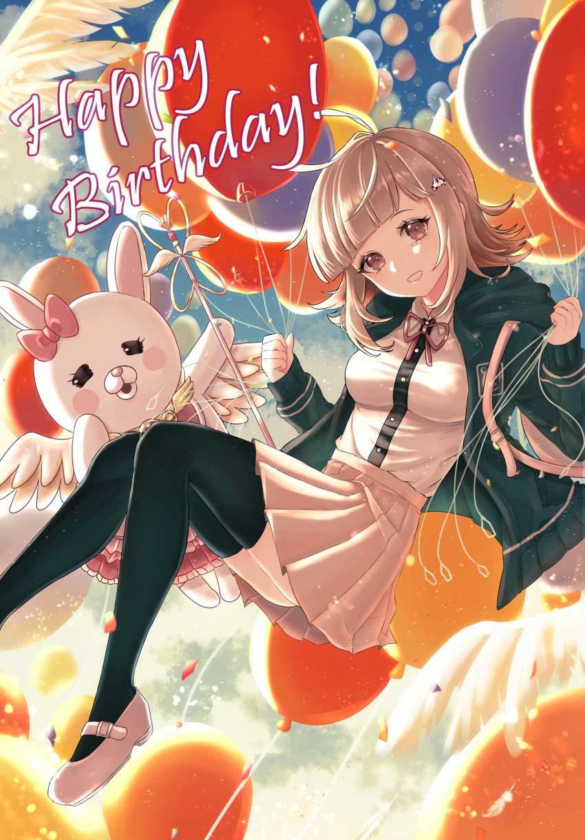 1girl absurdres animal_hood backpack bag balloon bangs black_jacket black_legwear black_shirt blush_stickers bow breasts brown_skirt cat_hood collared_shirt commentary_request dangan_ronpa_(series) dangan_ronpa_2:_goodbye_despair dbals0807 dress_shirt ear_bow flipped_hair flying foot_out_of_frame frills grin hair_ornament hairclip happy_birthday highres holding holding_balloon holding_staff hood hooded_jacket jacket light_brown_hair long_sleeves medium_breasts medium_hair nanami_chiaki pink_bag pink_bow pink_eyes pink_footwear pink_hair pink_ribbon pleated_skirt ribbon shirt shirt_tucked_in skirt smile spaceship_hair_ornament staff thigh-highs usami_(dangan_ronpa) white_shirt white_wings wings