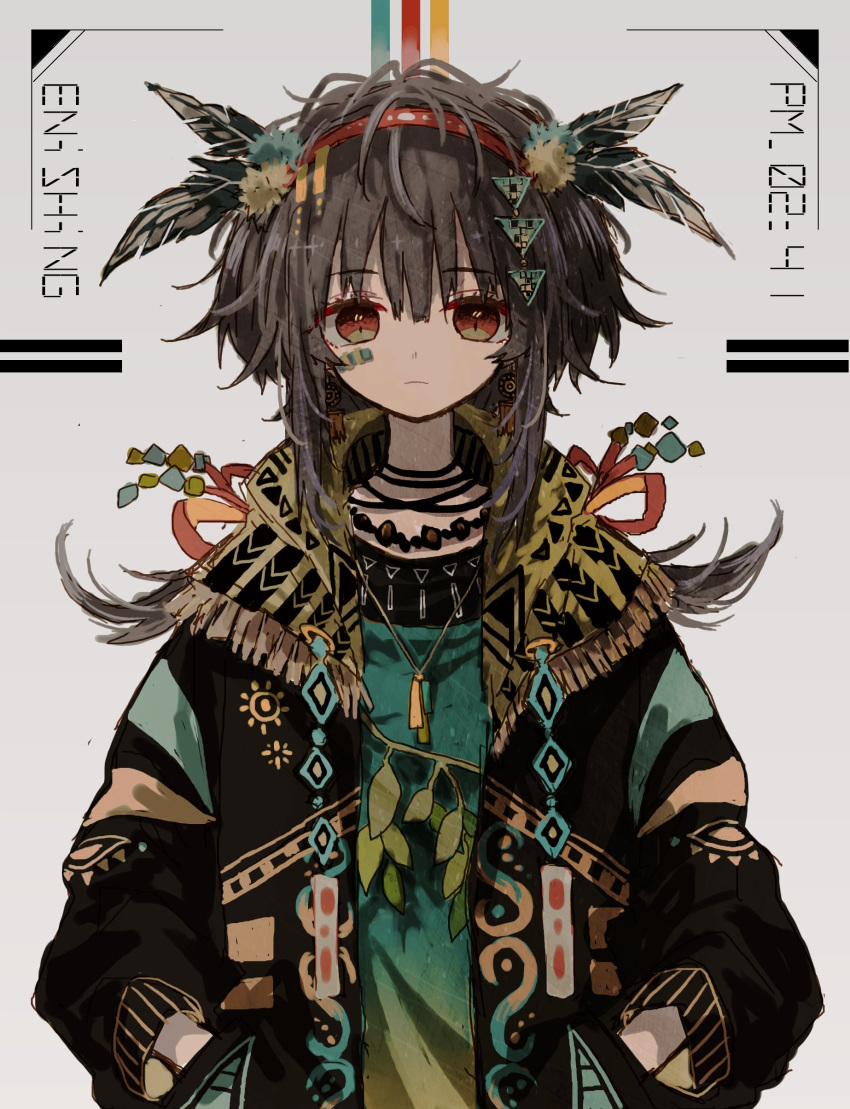 1girl absurdres azzz_(7334080) bangs brown_eyes brown_hair expressionless feathers hands_in_pockets highres jewelry leaf looking_at_viewer necklace original ribbon shadow short_hair_with_long_locks solo upper_body