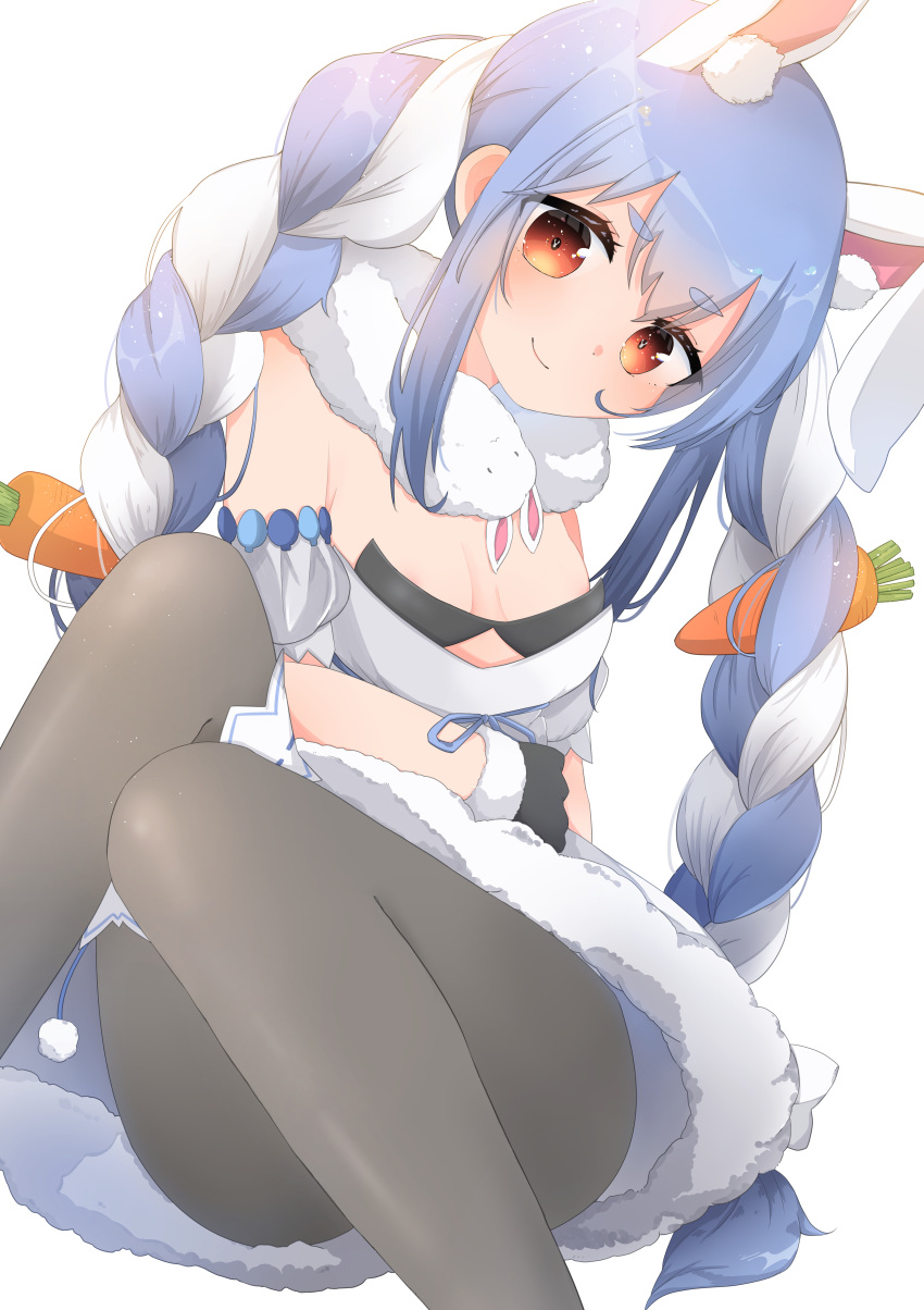 1girl absurdres animal_ear_fluff animal_ears bangs black_gloves black_legwear black_leotard blue_hair blush braid breasts bunny-shaped_pupils bunny_tail carrot_hair_ornament closed_mouth coat cutout_above_navel detached_sleeves don-chan_(usada_pekora) feet_out_of_frame food_themed_hair_ornament fur-trimmed_coat fur-trimmed_gloves fur_scarf fur_trim garters gloves goi_(go_qo) hair_ornament head_tilt highres hikimayu hololive huge_filesize leotard leotard_under_clothes long_hair looking_at_viewer multicolored_hair orange_eyes pantyhose puffy_short_sleeves puffy_sleeves rabbit_ears rabbit_girl scarf short_eyebrows short_sleeves simple_background single_garter sitting small_breasts solo strapless_coat tail twin_braids twintails two-tone_hair usada_pekora virtual_youtuber white_background white_coat white_hair white_scarf white_sleeves
