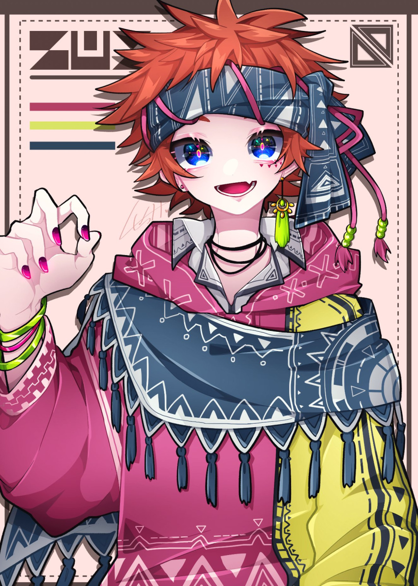 1girl aishirooto214 azzz_(7334080)_(style) blue_eyes collared_shirt earrings hand_up highres hood hood_down jewelry looking_at_viewer orange_hair original pink_nails shadow shirt short_hair solo tassel