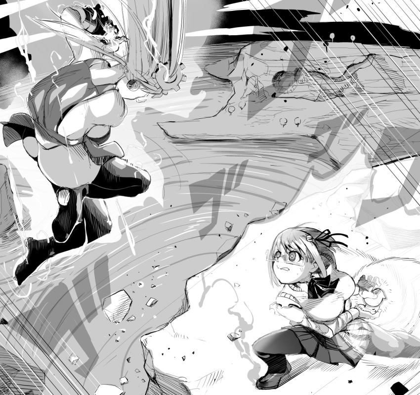 2girls ass aura battle borrowed_character breasts destruction energy_ball eye_contact fighting fighting_stance gear_hair_ornament glasses greyscale ground_shatter hamburger-chan_(nekoume) highres jumping large_breasts loafers looking_at_another machinery_tomoko_(ubonoan) monochrome multiple_girls original pantyhose pleated_skirt powering_up robot_ears semi-rimless_eyewear shirt shoes sideboob skirt sweat sweater_vest thigh-highs torn_clothes torn_shirt two_side_up ubonoan under-rim_eyewear