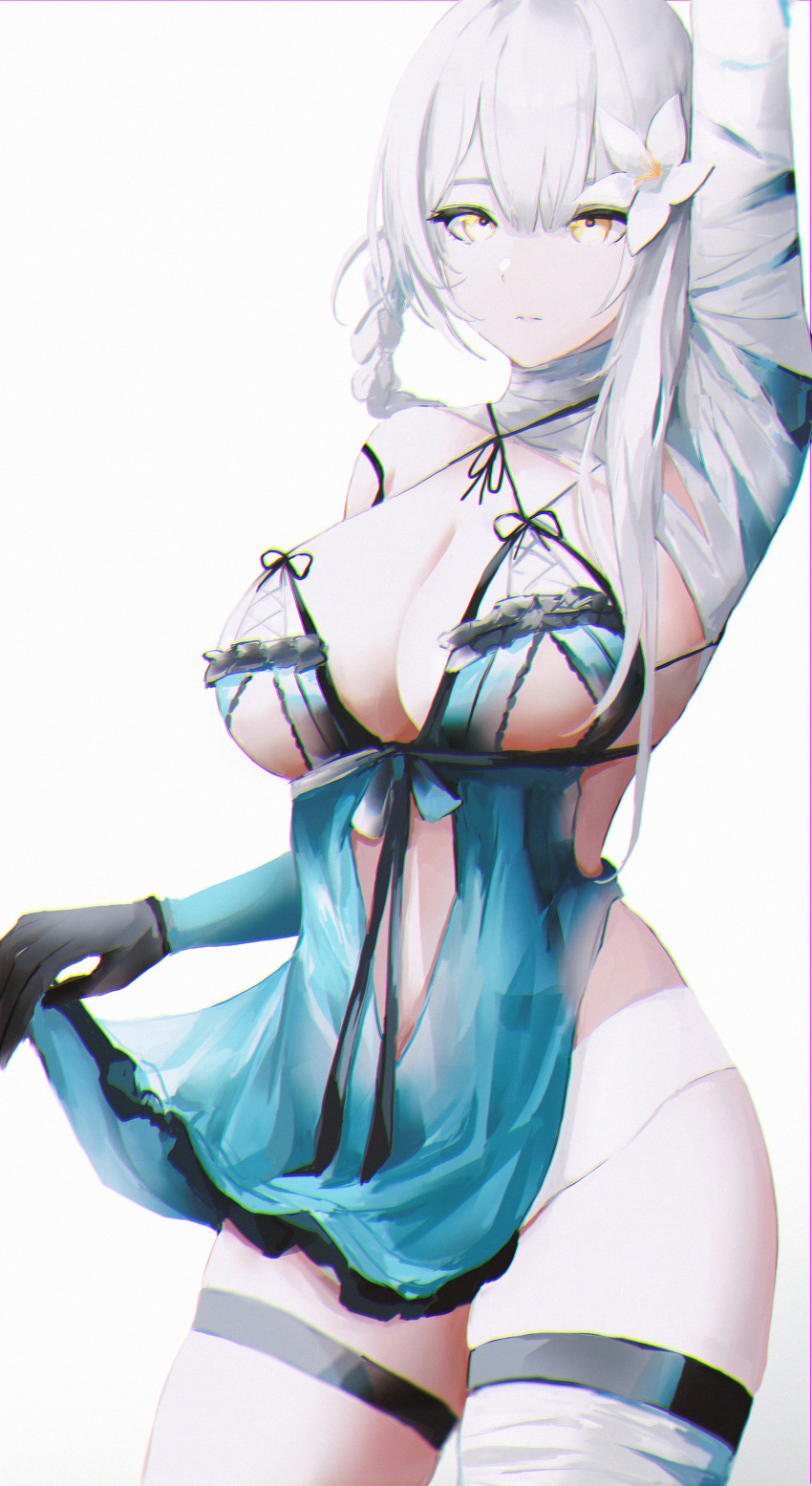 1girl absurdres arm_up bandaged_arm bandages black_ribbon braid breasts closed_mouth clothes_lift criss-cross_halter elbow_gloves flower gloves hair_flower hair_ornament halterneck highres kaine_(nier) large_breasts lifted_by_self lingerie looking_at_viewer negligee nier_(series) nier_reincarnation panties ribbon silver_hair simple_background solo standing thigh_strap underwear white_background white_panties