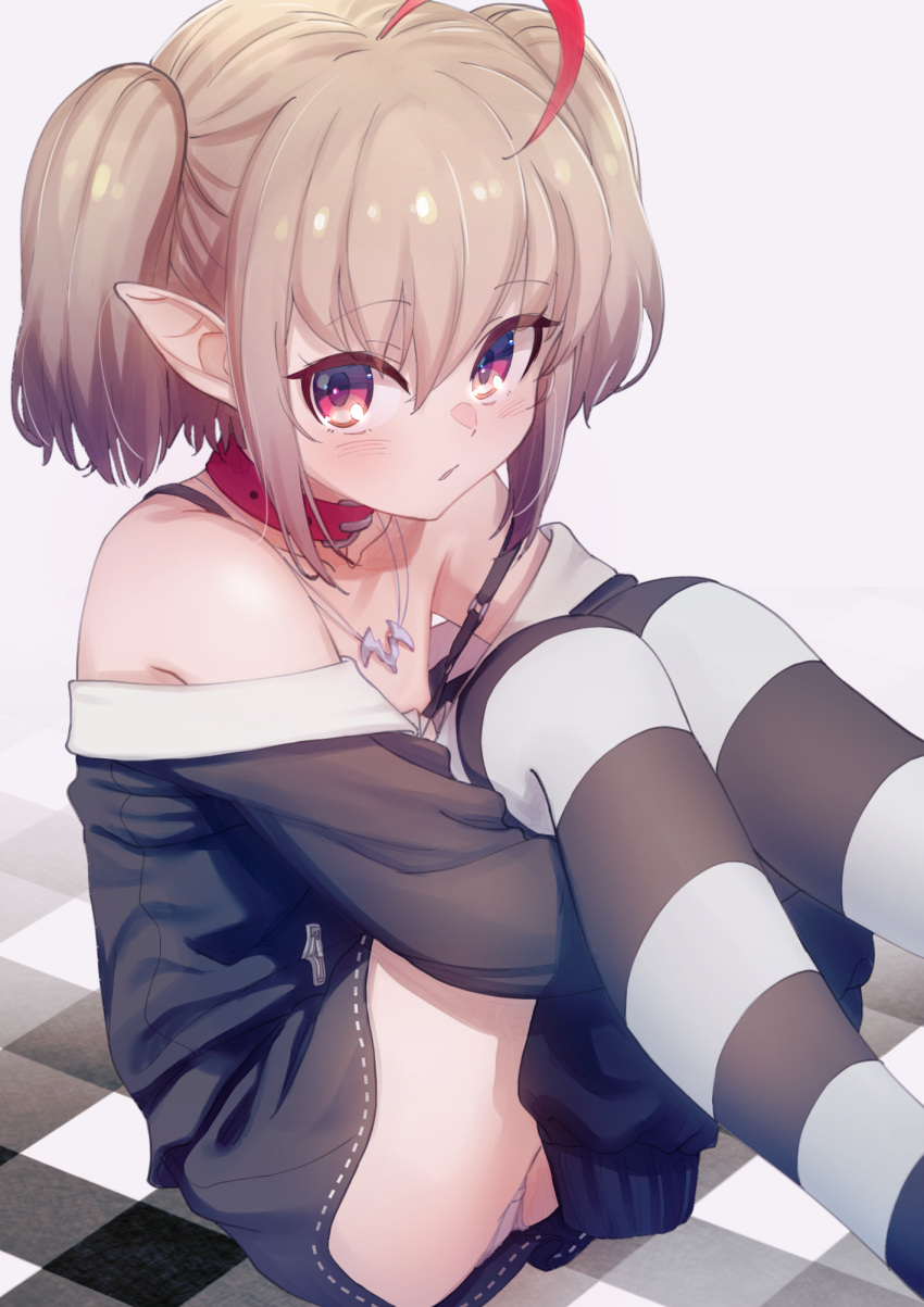 1girl ahoge blush checkered checkered_floor collar eyebrows_visible_through_hair feet_out_of_frame grey_hair highres jacket jewelry knees_to_chest leg_hug long_sleeves looking_at_viewer makaino_ririmu medium_hair multicolored_hair necklace nijisanji off-shoulder_jacket panties pantyshot pointy_ears red_collar red_eyes redhead sabamen sidelocks sitting sleeves_past_fingers sleeves_past_wrists solo spaghetti_strap strap_slip streaked_hair striped striped_legwear thigh-highs twintails underwear virtual_youtuber