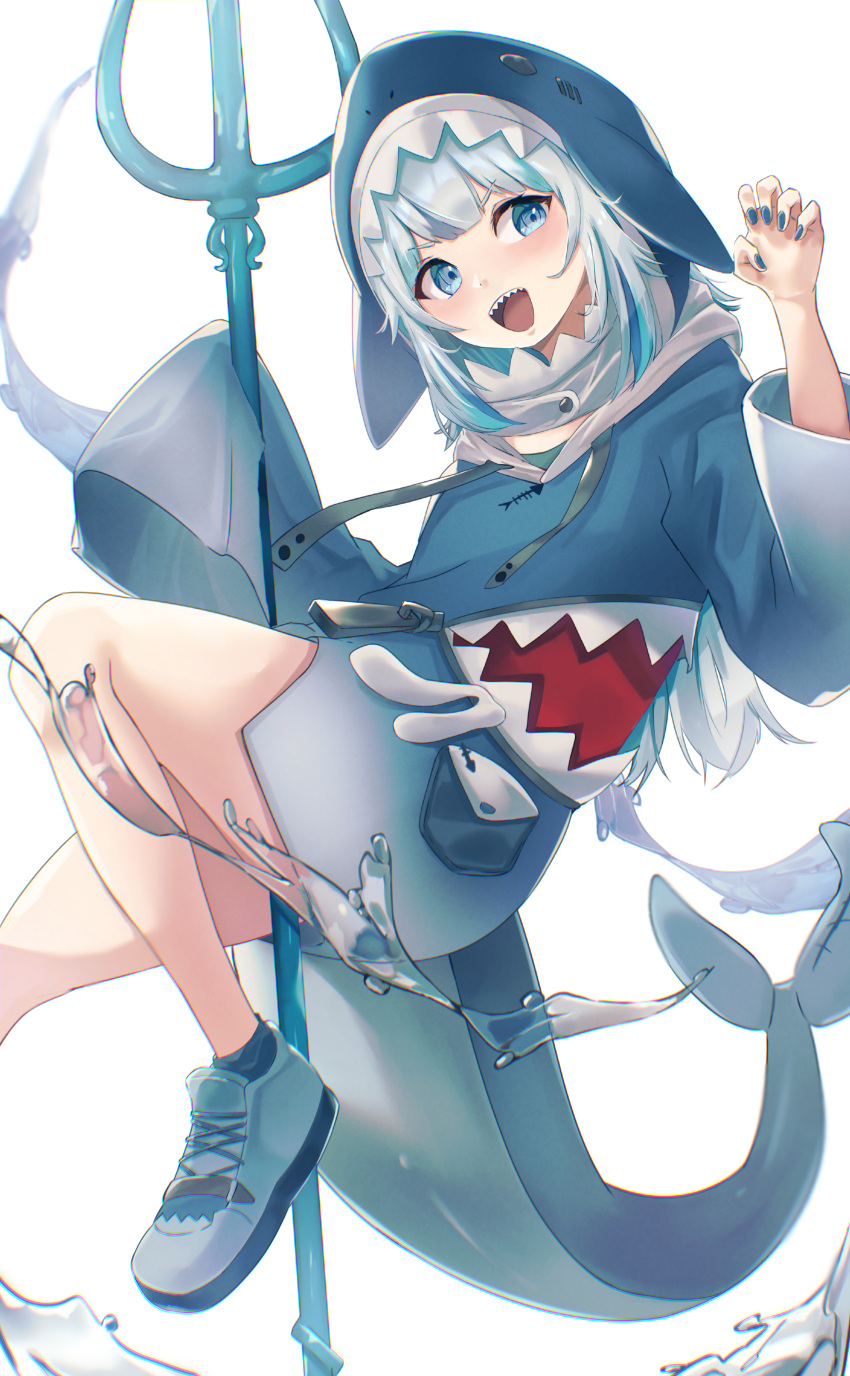 1girl :d absurdres animal_costume animal_hood bangs black_legwear black_nails blue_eyes blue_hair blue_hoodie blunt_bangs blush claw_pose fish_tail floating_hair gawr_gura highres holding holding_weapon hololive hololive_english hood hoodie huge_filesize long_hair long_sleeves looking_at_viewer mono_1010 multicolored_hair nail_polish open_mouth polearm shark_costume shark_girl shark_hood shark_tail sharp_teeth shoes silver_hair simple_background smile sneakers solo streaked_hair tail teeth trident upper_teeth v-shaped_eyebrows virtual_youtuber weapon white_background white_footwear wide_sleeves
