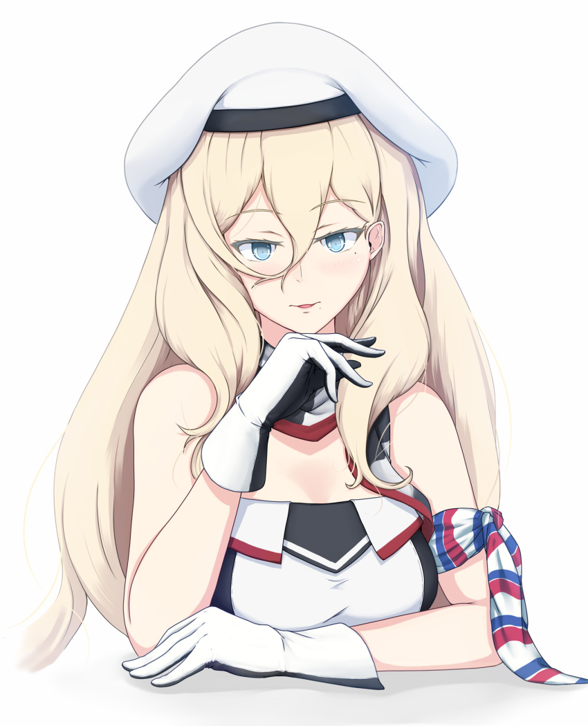 1girl arm_scarf beret black_gloves blonde_hair blue_eyes breasts dress gloves hair_between_eyes hat highres kantai_collection large_breasts long_hair mole mole_under_eye mole_under_mouth multicolored multicolored_clothes multicolored_gloves multicolored_scarf pom_pom_(clothes) richelieu_(kancolle) scarf solo strapless strapless_dress upper_body white_gloves yakuto007