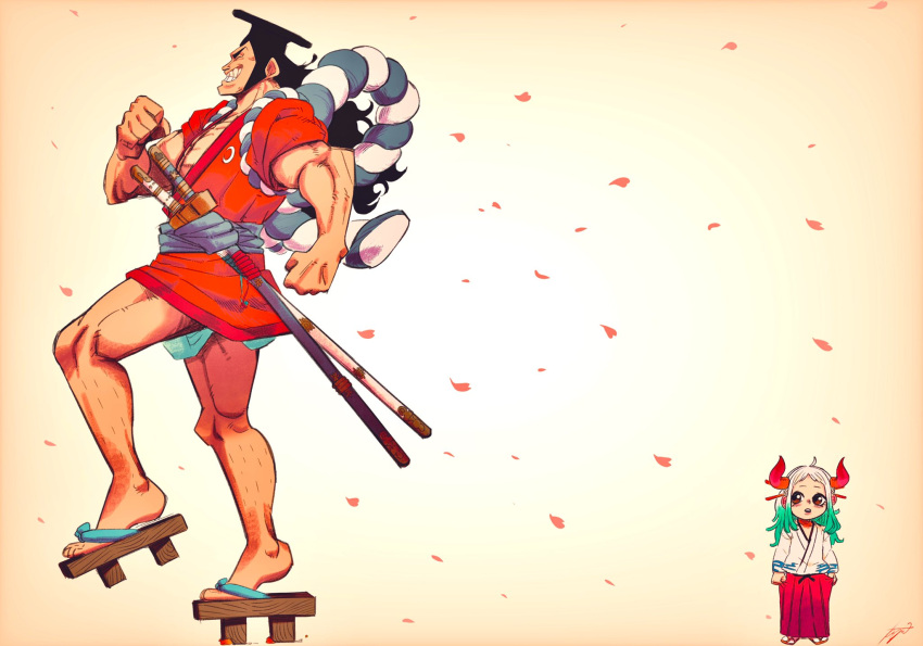 1boy 1girl bare_arms bare_legs biceps black_hair brown_eyes child closed_eyes commentary_request curled_horns geta green_hair grin hair_ornament hair_stick hakama hat height_difference highres horns japanese_clothes kataginu kouzuki_oden long_hair long_sleeves looking_at_another multicolored_hair muscular muscular_male one_piece oni open_mouth pectorals petals red_horns rope scabbard sheath sheathed shimenawa short_sleeves sidelocks smile standing sword taoru_(taoru0239) teeth thighs toes two-tone_hair walking weapon white_hair wind yamato_(one_piece) younger
