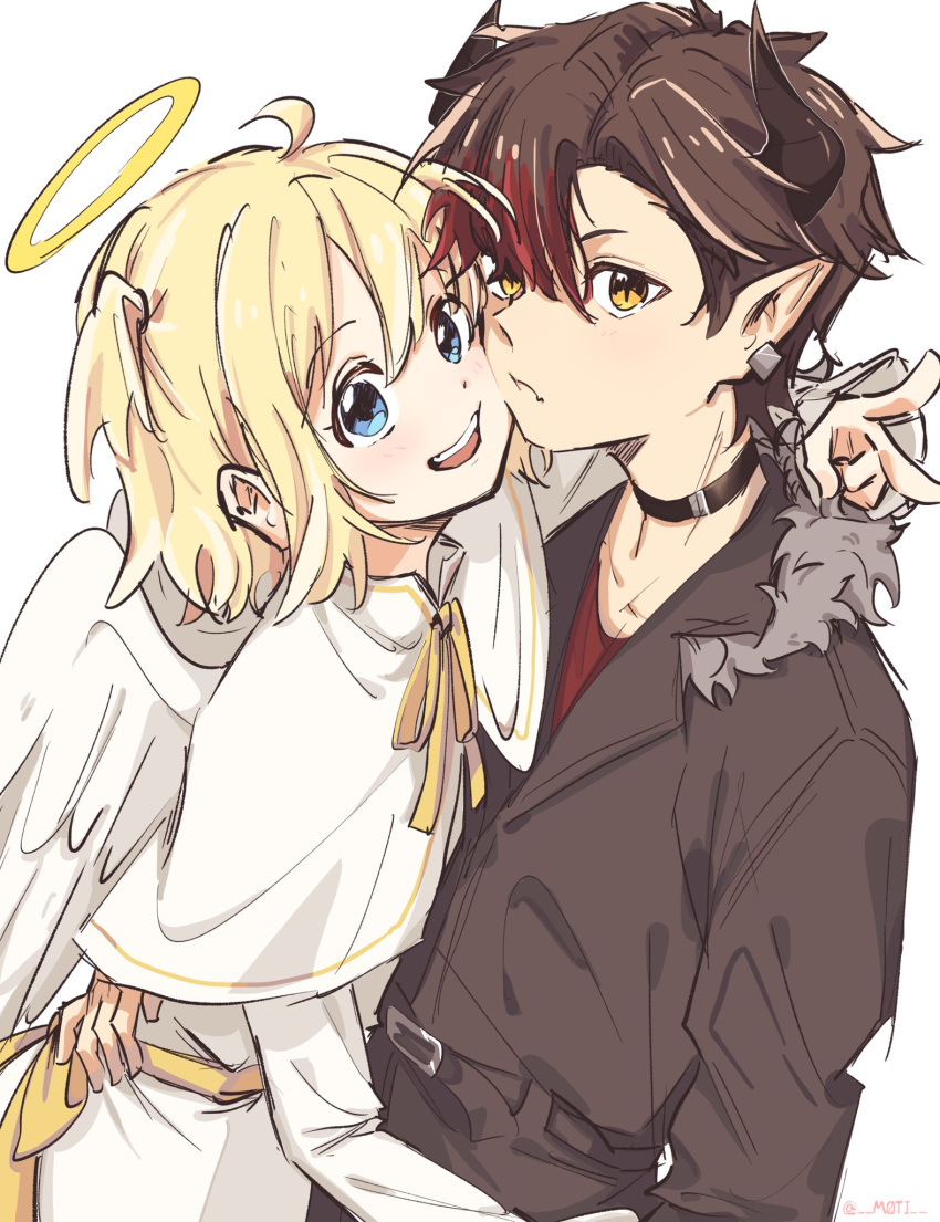 1boy 1girl ahoge angel angel_wings arm_around_neck belt_collar black_jacket blonde_hair blue_eyes brown_hair capelet collar demon demon_horns dress earrings feathered_wings halo hand_on_another's_hip highres horns hug jacket jewelry looking_at_viewer m0ti open_mouth original pointy_ears red_shirt shirt short_hair sketch slit_pupils smile twitter_username upper_body v white_background white_capelet white_dress wings yellow_eyes