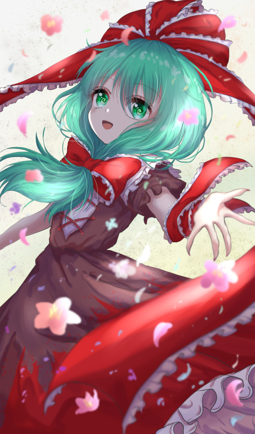 1girl :d @_@ blurry brown_dress cherry_blossoms commentary_request cross-laced_clothes depth_of_field dress falling_petals feet_out_of_frame flower front_ponytail green_eyes green_hair highres kagiyama_hina kayon_(touzoku) long_hair looking_at_viewer open_hand open_mouth outstretched_arms palm petals petticoat pink_flower simple_background smile solo touhou white_background