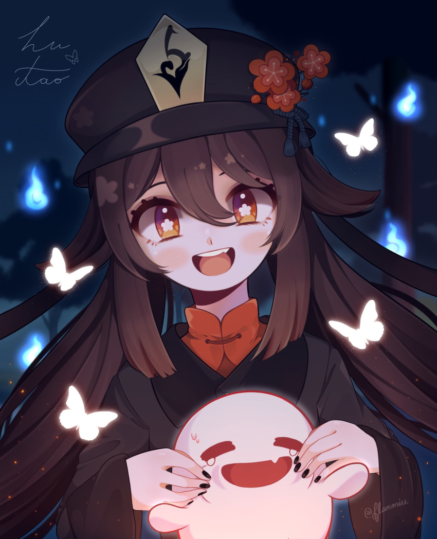 1girl black_headwear black_nails brown_hair bug butterfly cheek_pull chinese_clothes closed_eyes fang flanmiu flower genshin_impact ghost hat highres hu_tao insect long_sleeves looking_at_viewer nail_polish open_mouth red_eyes signature smile symbol-shaped_pupils tears top_hat twintails upper_body