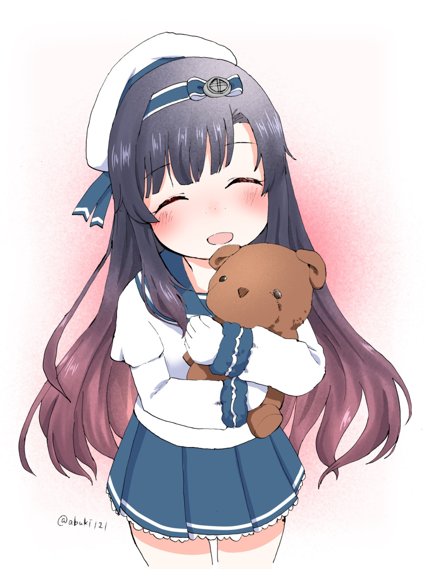 1girl bangs blue_sailor_collar blue_skirt blush closed_eyes eyebrows_visible_through_hair freckles gloves gradient gradient_background gradient_hair hat highres holding holding_stuffed_toy kantai_collection long_hair long_sleeves matsuwa_(kancolle) mirui2 multicolored_hair open_mouth purple_hair redhead sailor_collar school_uniform serafuku simple_background skirt smile solo stuffed_animal stuffed_toy teddy_bear twitter_username white_gloves white_headwear