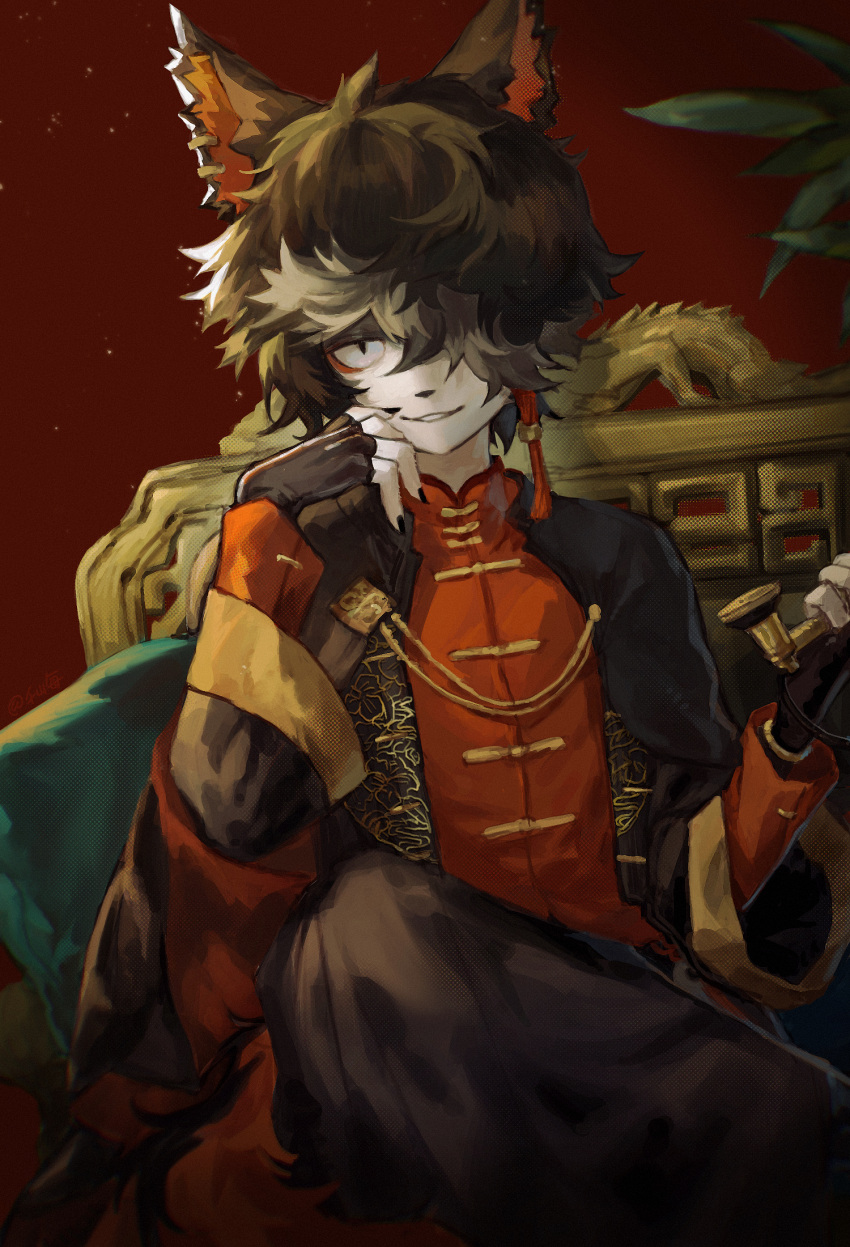 1boy aak_(arknights) aak_(doctor_of_faces)_(arknights) animal_ears arknights cat_ears chair chinese_clothes dragon furry hair_over_one_eye highres long_sleeves looking_at_viewer mayf42 phone plant sitting smile solo