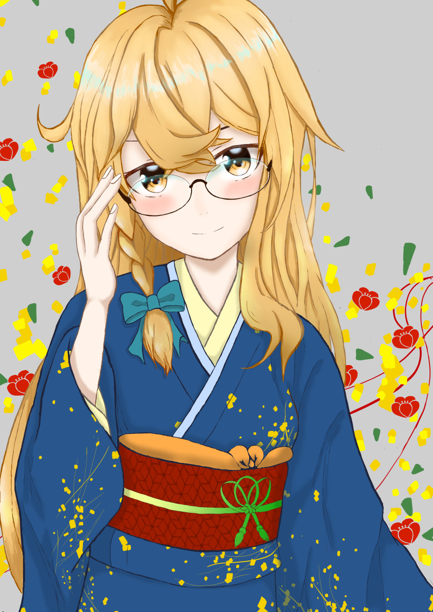 1girl absurdres artist_request bad_anatomy bespectacled blonde_hair blue_bow blue_kimono blush bow braid closed_mouth commentary_request floral_print glasses grey_background hair_between_eyes hair_bow hair_over_shoulder hand_on_eyewear head_tilt highres japanese_clothes kimono kirisame_marisa light_blush long_hair long_sleeves looking_at_viewer red_sash rimless_eyewear sash shiny shiny_hair smile solo touhou upper_body very_long_hair yellow_eyes