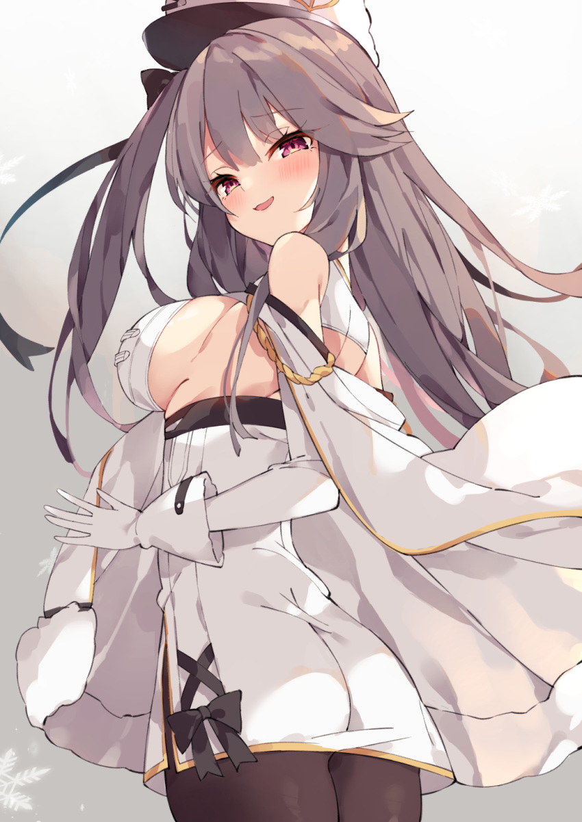 1girl ass azur_lane bangs black_bow black_legwear blush bow breasts brown_hair coat eyebrows_visible_through_hair fur-trimmed_coat fur_trim gloves hair_between_eyes hat highres large_breasts long_hair pamiat_merkuria_(azur_lane) pantyhose parted_lips retrofit_(azur_lane) sideboob smug unacchi_(nyusankin) violet_eyes white_headwear