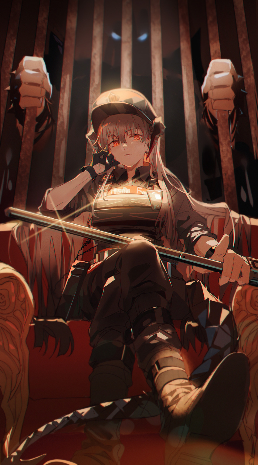 1girl absurdres arknights biting boots chair dragon_girl dragon_horns dragon_tail ear_piercing gloves grey_hair hat highres holding holding_weapon horns kanose long_hair military military_hat military_uniform orange_eyes piercing prison saria_(arknights) saria_(iron_law)_(arknights) sitting solo tail uniform weapon