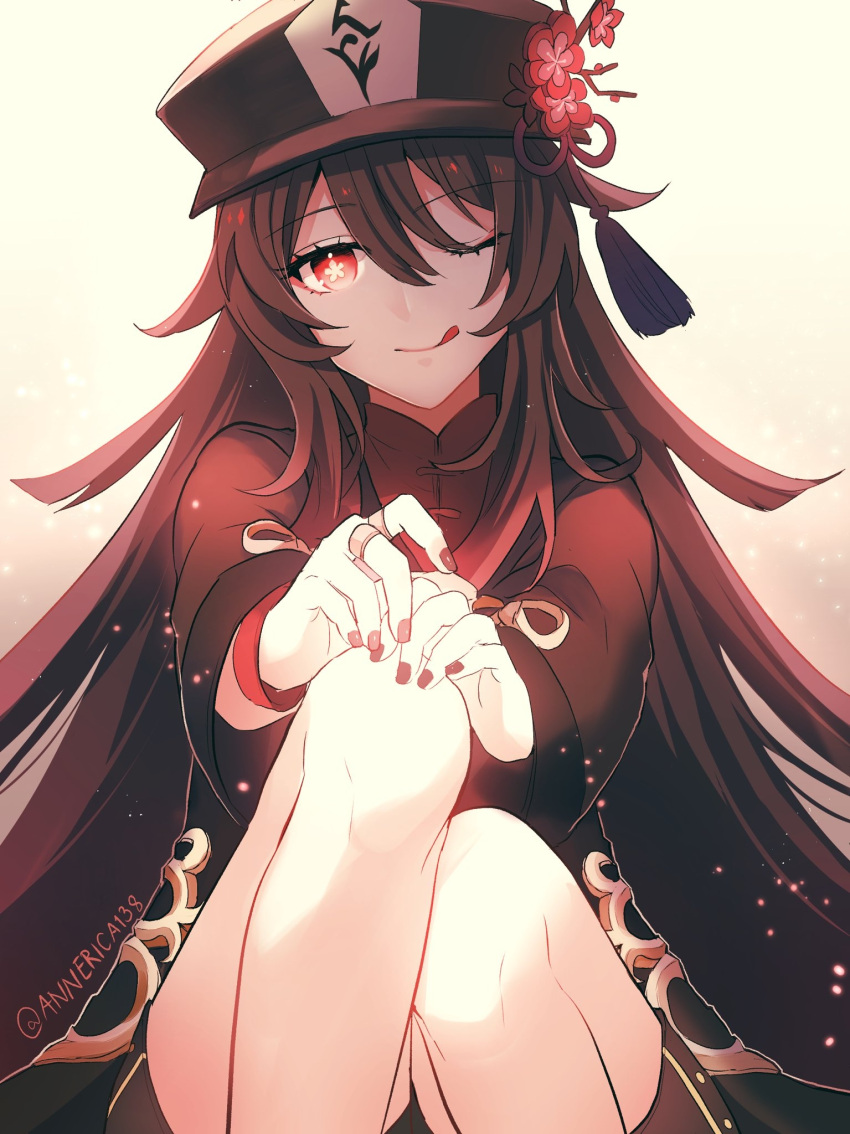 1girl annerica bangs black_coat black_headwear black_shorts blush breasts brown_hair coat flower genshin_impact hat hat_flower highres hu_tao knees_up licking_lips long_hair long_sleeves looking_at_viewer one_eye_closed plum_blossoms red_eyes shorts sitting small_breasts smile symbol-shaped_pupils thighs tongue tongue_out twintails very_long_hair