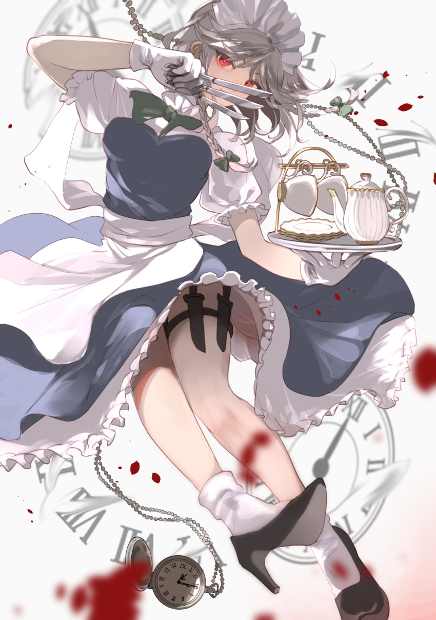 1girl apron black_footwear blood blue_dress blurry blurry_foreground bow bowtie braid breasts closed_mouth commentary cowboy_shot cup dress floating frilled_dress frills full_body gloves green_bow green_neckwear hair_between_eyes hair_ribbon high_heels highres holding holding_knife holding_tray holster izayoi_sakuya joniko1110 knife knives_between_fingers looking_at_viewer maid maid_apron maid_headdress medium_breasts medium_hair pocket_watch puffy_short_sleeves puffy_sleeves redhead ribbon roman_numeral saucer short_sleeves side_braids silver_hair simple_background smile socks solo teacup teapot thigh_holster thigh_strap thighs touhou tray tress_ribbon twin_braids watch white_background white_footwear white_gloves