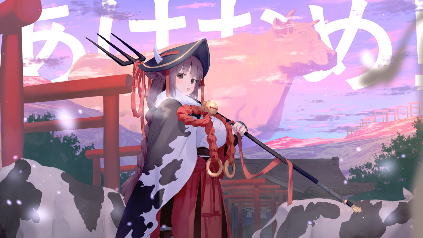 1girl animal animal_ears animal_print background_text bell blue_sky braid breasts brown_eyes brown_hair chinese_zodiac commentary_request cow cow_ears cow_girl cow_horns cow_print day flower_knot from_side giant hakama hand_up hat highres holding horns horns_through_headwear japanese_clothes jingle_bell large_breasts long_hair looking_at_viewer looking_to_the_side multiple_torii open_mouth original outdoors oversized_animal polearm red_skirt sideways_glance skirt sky solo torii translation_request trident wasabi60 weapon year_of_the_ox