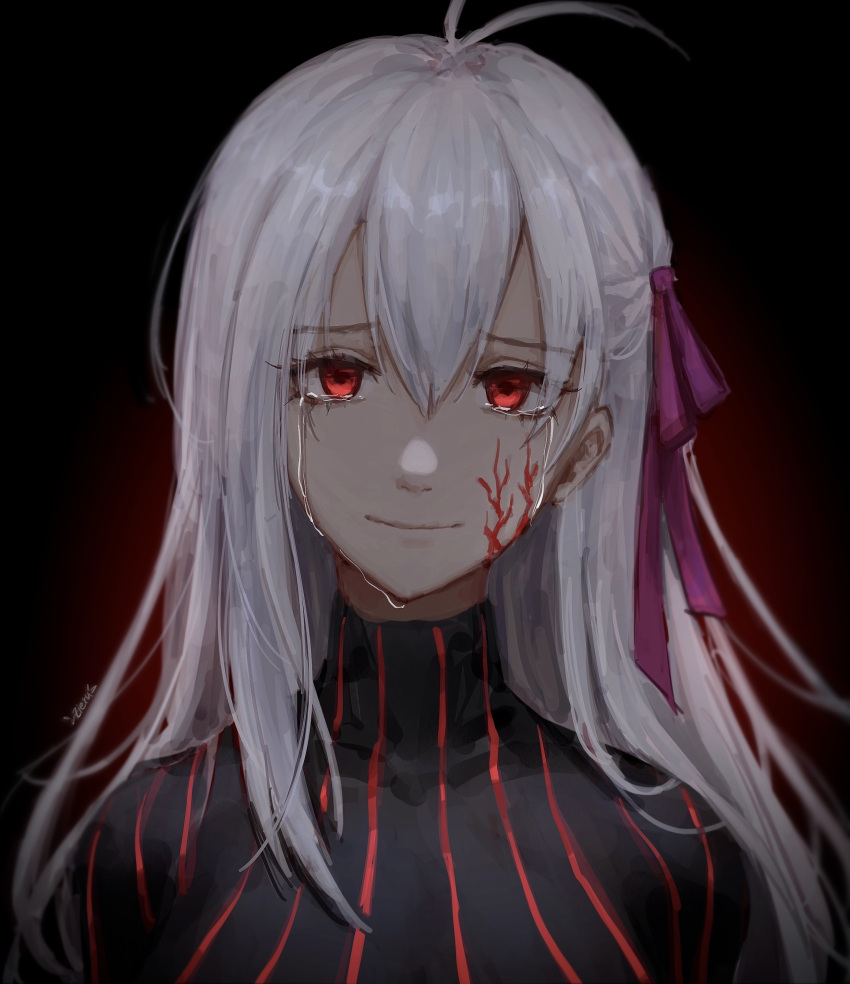 1girl absurdres antenna_hair bangs closed_mouth crying crying_with_eyes_open eyebrows_visible_through_hair fate/stay_night fate_(series) hair_between_eyes hair_ribbon highres long_hair looking_at_viewer matou_sakura portrait purple_ribbon red_eyes ribbon silver_hair smile solo striped tears turtleneck vertical_stripes very_long_hair zieru