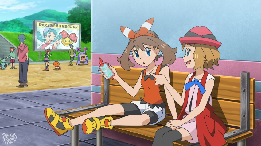 2boys 4girls bangs bench bike_shorts billboard blue_eyes blue_ribbon clouds commentary day english_commentary eyelashes gen_3_pokemon gen_4_pokemon grass hairband hat highres holding light_brown_hair loudred lukas_thadeu marshtomp may_(pokemon) multiple_boys multiple_girls official_style open_mouth outdoors pointing pokemon pokemon_(anime) pokemon_(creature) pokemon_(game) pokemon_oras pokemon_xy_(anime) ribbon rotom rotom_phone serena_(pokemon) shirt shoes short_hair shorts sitting sky sleeveless sleeveless_shirt smile stairs thigh-highs tongue trapinch watermark