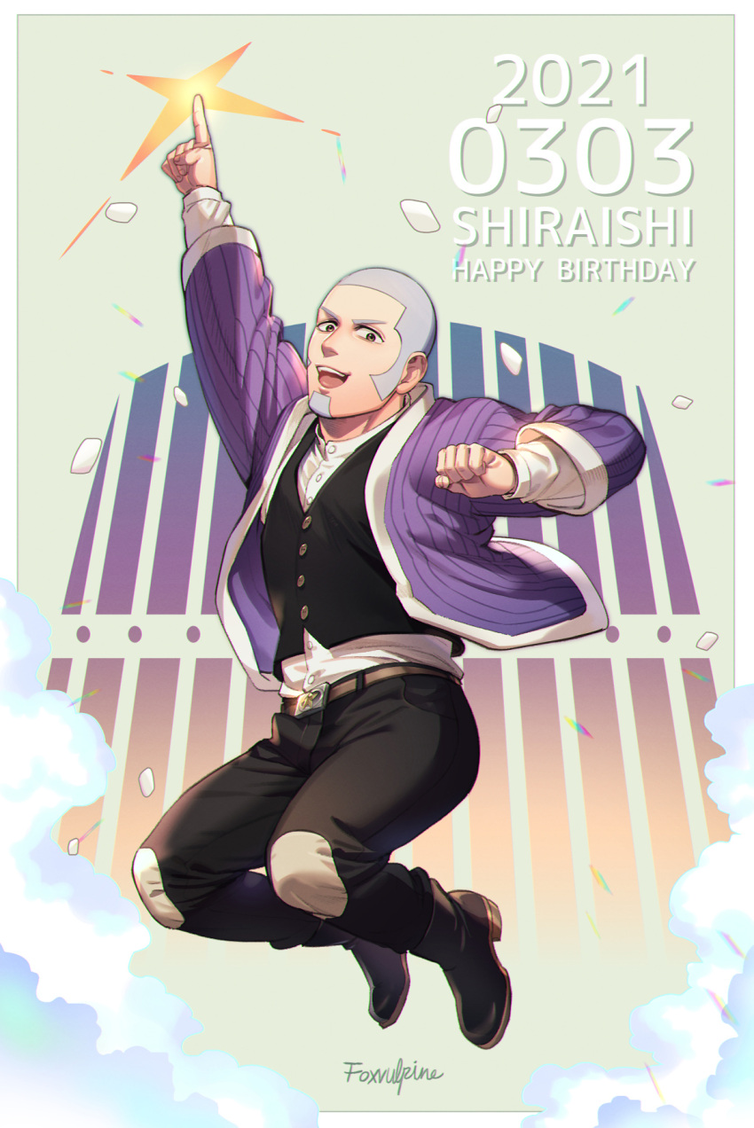 1boy :d artist_name belt black_eyes black_pants black_vest buzz_cut character_name clenched_hand dated facial_hair foxvulpine full_body goatee golden_kamuy grey_hair happy_birthday highres jumping male_focus open_mouth pants pointing pointing_up shiraishi_yoshitake short_hair sideburns smile solo very_short_hair vest