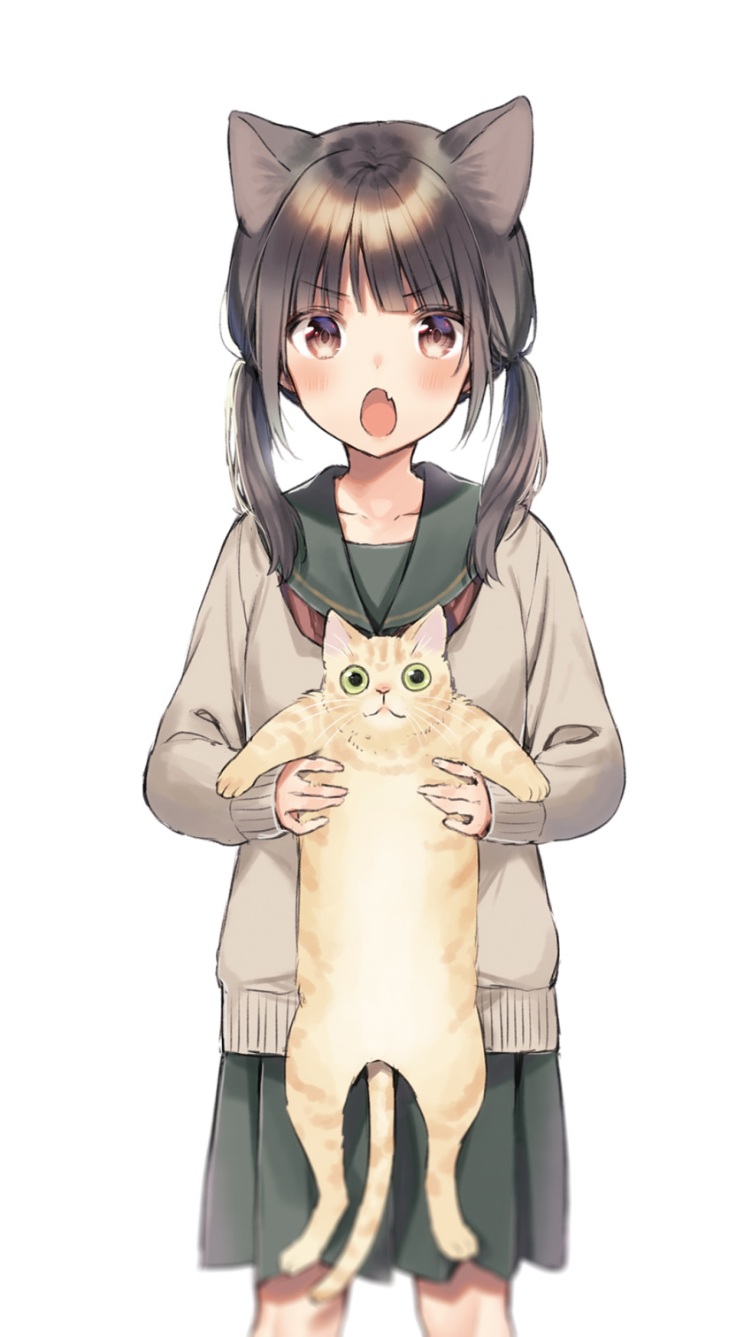 1girl animal animal_ear_fluff animal_ears bangs black_hair blush brown_eyes brown_shirt cat cat_ears commentary_request eyebrows_visible_through_hair fang feet_out_of_frame green_eyes green_sailor_collar green_skirt highres holding holding_animal long_hair long_sleeves looking_at_viewer low_twintails midorikawa_you open_mouth original pleated_skirt sailor_collar shirt simple_background skirt sleeves_past_wrists solo standing twintails v-shaped_eyebrows white_background