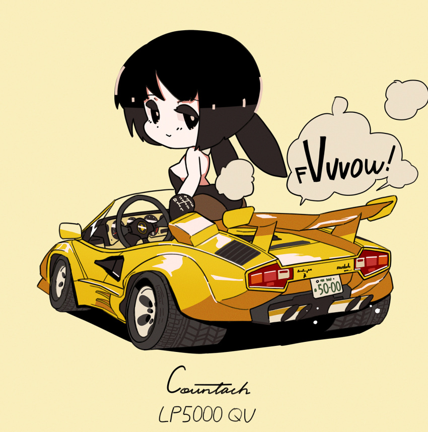 1girl animal_ears black_eyes black_hair breasts car chibi fire from_behind ground_vehicle highres lamborghini lamborghini_countach leotard looking_back medium_breasts motor_vehicle original pantyhose playboy_bunny playboy_bunny_leotard rabbit_ears rikona short_hair smoke solo speech_bubble spoiler_(automobile) white_background