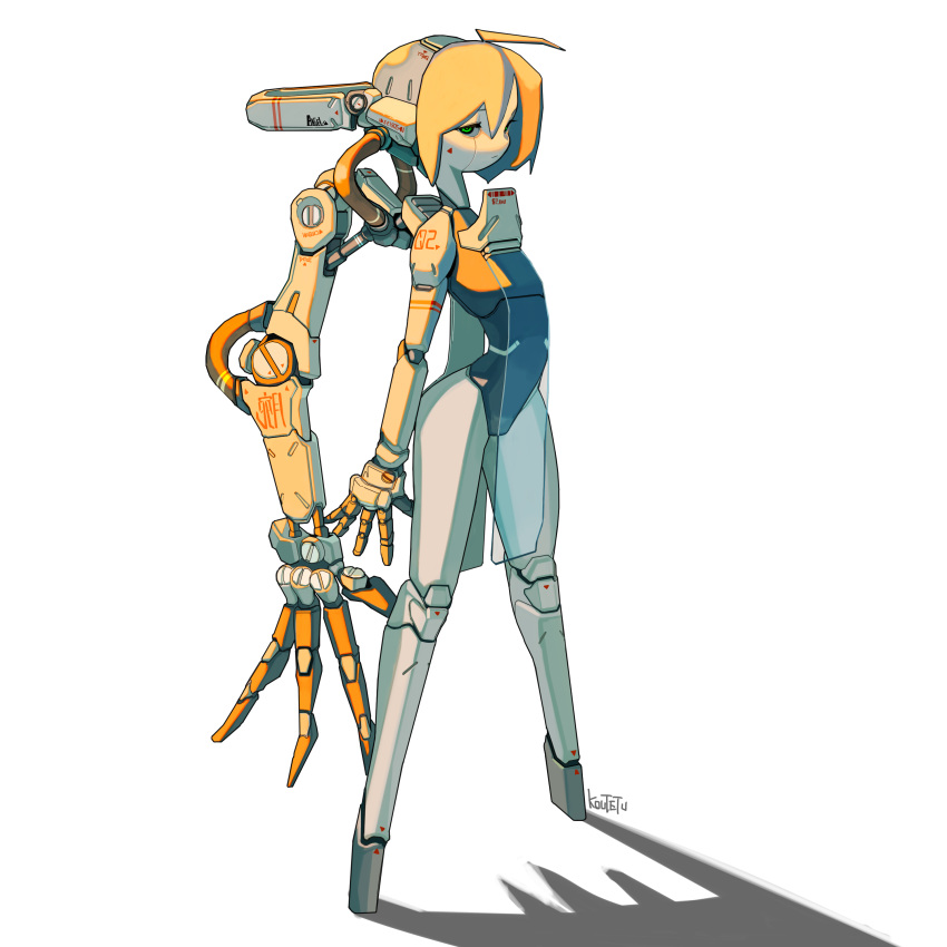 1girl absurdres ahoge android blonde_hair cyberpunk extra_arms fewer_digits flat_chest full_body green_eyes half-closed_eyes highres joints koutetu_yarou looking_at_viewer original robot_joints see-through shadow signature solo standing tube white_background