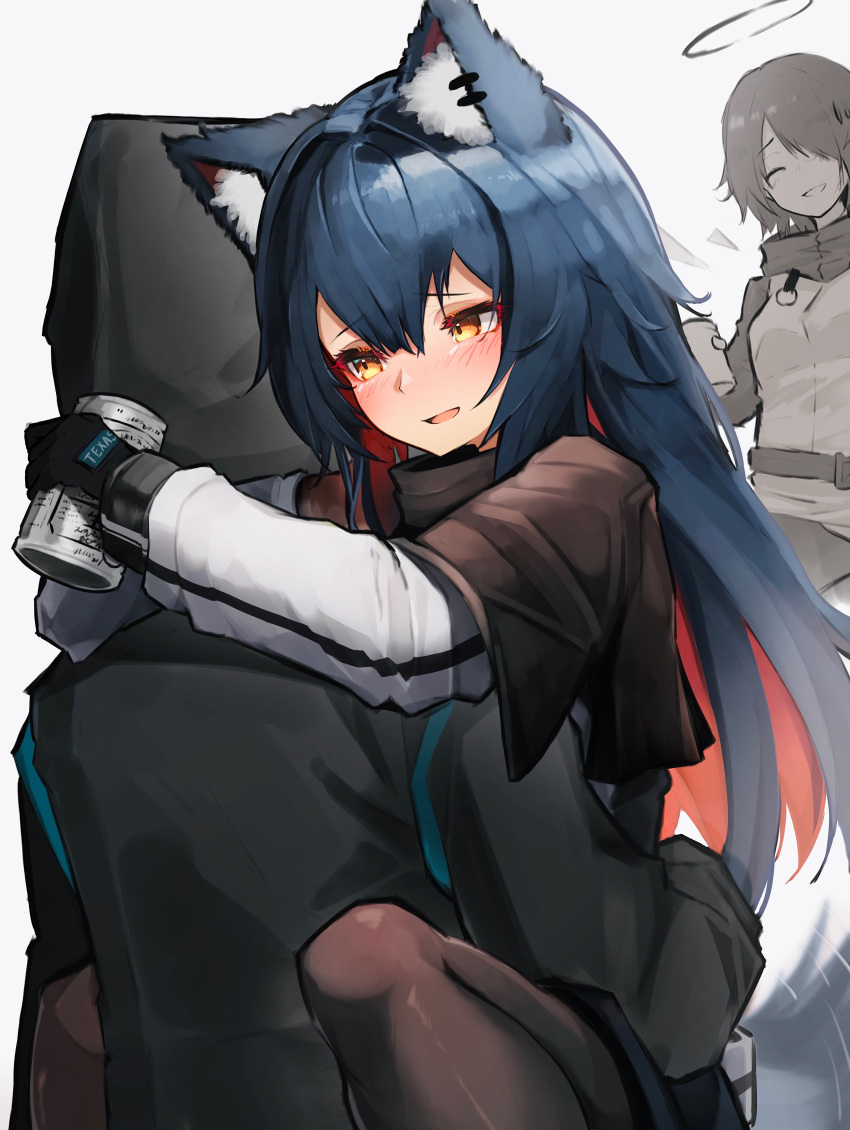 1other 2girls :d ^_^ absurdres animal_ears arknights bangs black_capelet black_coat black_gloves black_legwear blue_hair blush capelet character_name closed_eyes coat doctor_(arknights) drunk exusiai_(arknights) eyebrows_visible_through_hair gloves halo highres hug long_hair long_sleeves motion_lines multicolored_hair multiple_girls open_mouth pantyhose partially_colored redhead smile tab_head tail tail_wagging texas_(arknights) two-tone_hair very_long_hair wolf_ears wolf_girl wolf_tail