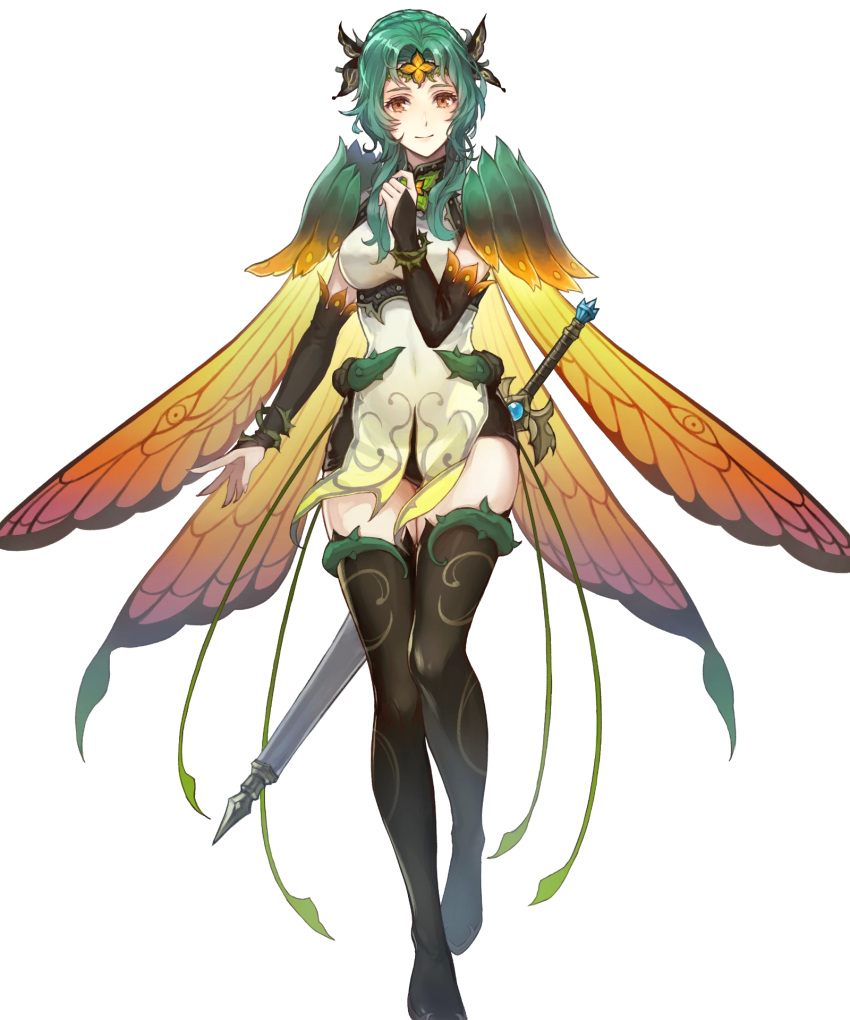 1girl bangs black_footwear boots breasts bridal_gauntlets brown_eyes butterfly_wings cape closed_mouth denim denim_shorts dress elincia_ridell_crimea fire_emblem fire_emblem:_path_of_radiance fire_emblem:_radiant_dawn fire_emblem_heroes full_body gradient gradient_clothes green_hair hair_ornament hand_up highres looking_at_viewer medium_breasts official_alternate_costume official_art shiny shiny_hair short_dress shorts smile solo standing sword thigh-highs thigh_boots thighs thorns tiara weapon wings