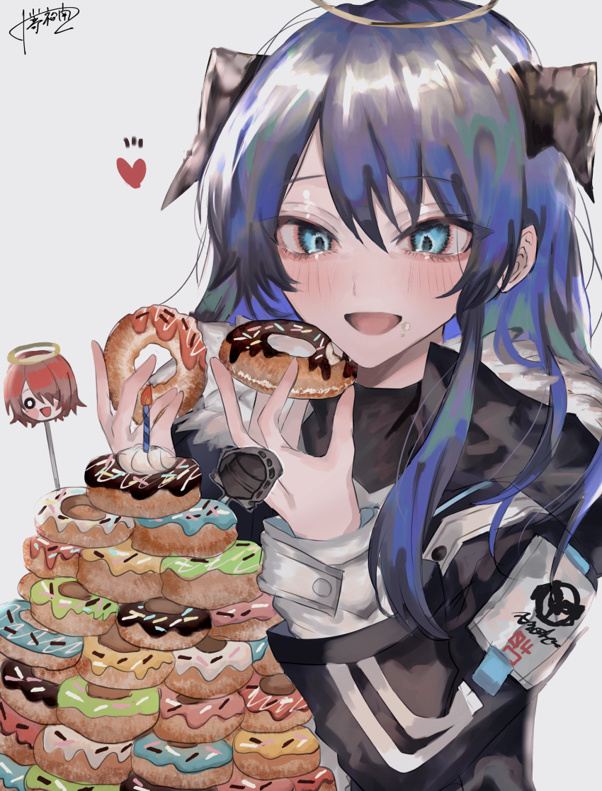 2girls absurdres angel arknights blue_eyes blue_hair blush demon_horns doughnut exusiai_(arknights) food food_on_face halo heart highres holding holding_food horns jacket long_hair mostima_(arknights) multiple_girls nakazuki_yuuna red_eyes scarf shirt short_hair sprinkles white_shirt