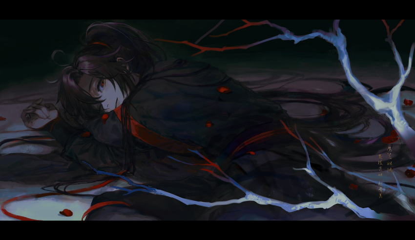 1boy ahoge bare_tree branch closed_mouth highres lktt long_hair long_ponytail long_sleeves looking_at_viewer lying male_focus mo_dao_zu_shi on_floor on_side one_eye_closed petals ponytail purple_hair red_eyes smile solo tree very_long_hair wide_sleeves wuxian_wei