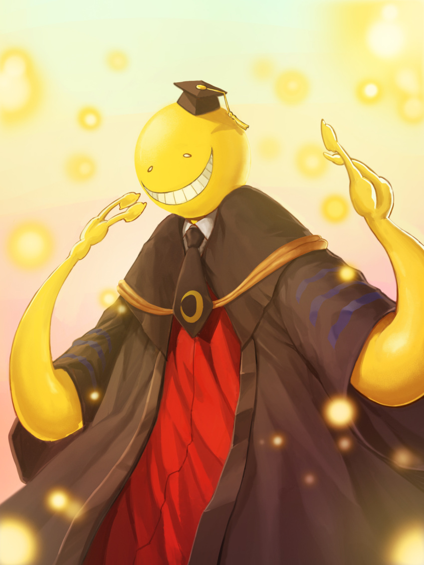 1boy 80tr ansatsu_kyoushitsu black_robe crescent grin hat highres koro-sensei light_particles male_focus mortarboard necktie open_mouth shirt simple_background smile smiley_face tassel tentacles white_background