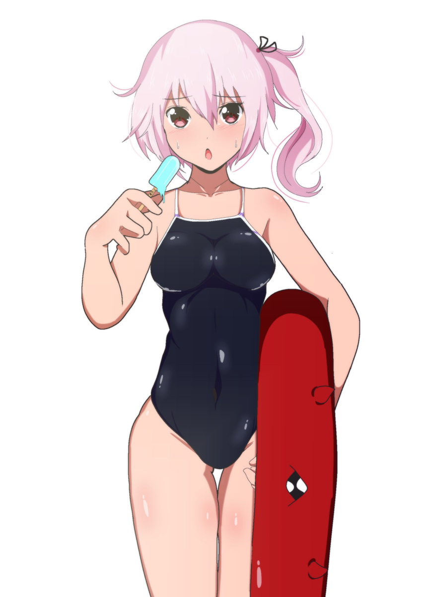 1girl absurdres abyssal_ship black_swimsuit commentary_request competition_school_swimsuit cowboy_shot enemy_lifebuoy_(kancolle) harusame_(kancolle) highres innertube kantai_collection long_hair looking_at_viewer pink_hair red_eyes school_swimsuit side_ponytail solo swimsuit thigh_gap unakyu