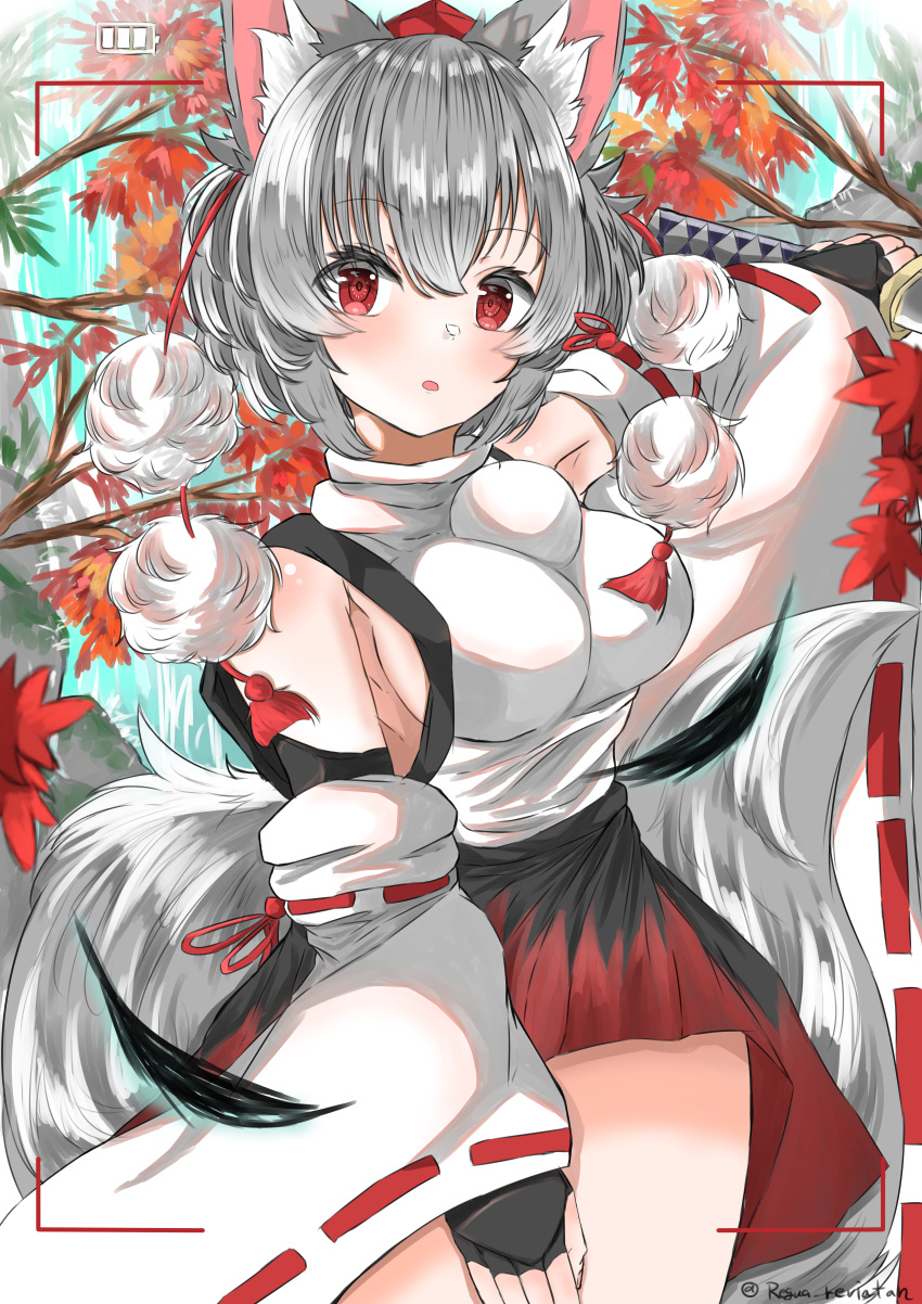 1girl :o absurdres animal_ear_fluff animal_ears black_skirt breasts detached_sleeves elbow_pads eyebrows_visible_through_hair fingerless_gloves food gloves hair_between_eyes hat highres holding holding_food holding_weapon huge_filesize inubashiri_momiji katana looking_at_viewer red_headwear red_skirt red_slirt redhead regua shirt sideboob silver_hair skirt sleeveless sleeveless_shirt sword tail thighs touhou weapon white_shirt wolf_ears wolf_tail
