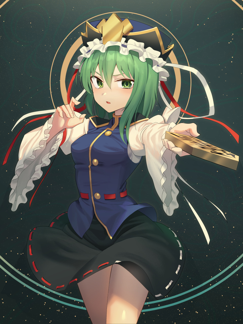 1girl absurdres black_skirt blue_vest breasts commentary cowboy_shot epaulettes frilled_hat frills goback green_eyes green_hair hat hat_ribbon highres long_sleeves looking_at_viewer open_mouth red_ribbon ribbon ribbon-trimmed_skirt ribbon_trim rod_of_remorse shiki_eiki skirt small_breasts solo touhou vest white_ribbon wide_sleeves