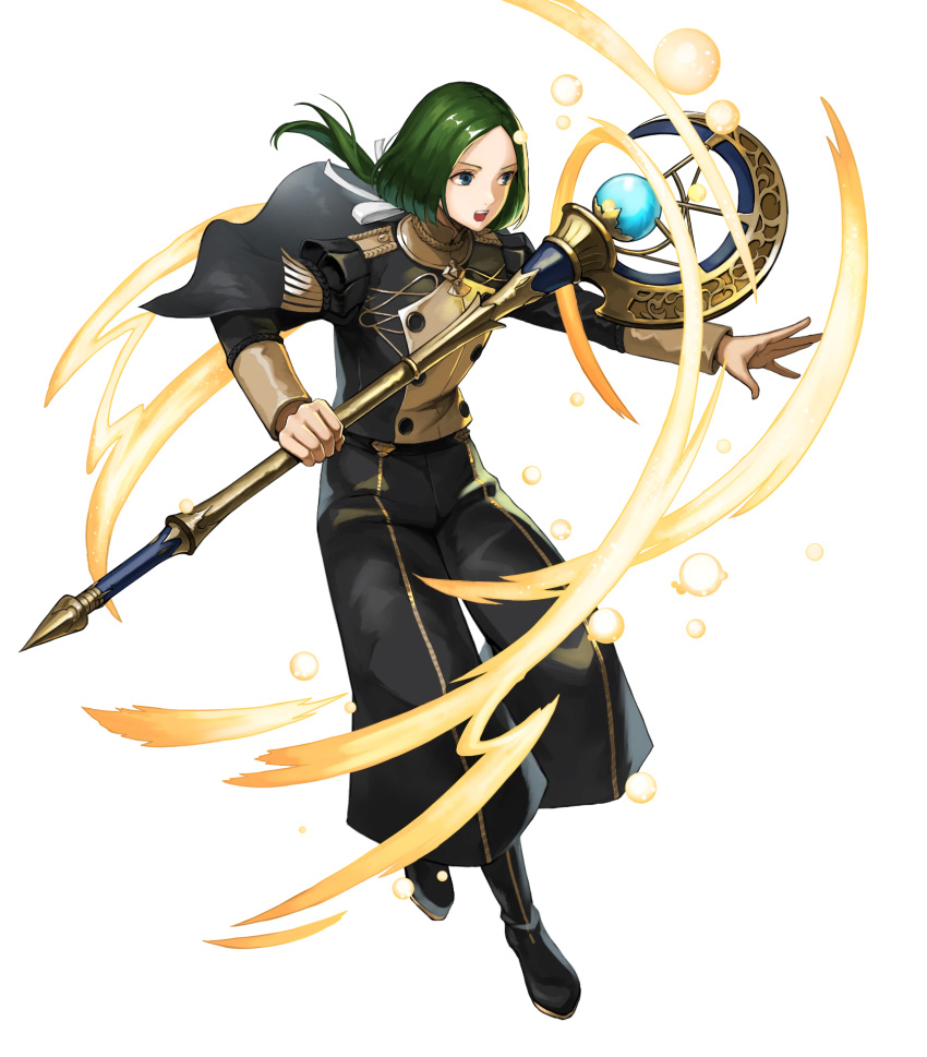 1boy artist_request black_footwear black_jacket black_pants boots fire_emblem fire_emblem:_three_houses fire_emblem_heroes full_body garreg_mach_monastery_uniform green_eyes green_hair highres holding holding_staff jacket linhardt_von_hevring long_hair long_sleeves looking_at_viewer low_ponytail male_focus official_art open_mouth pants ponytail staff transparent_background