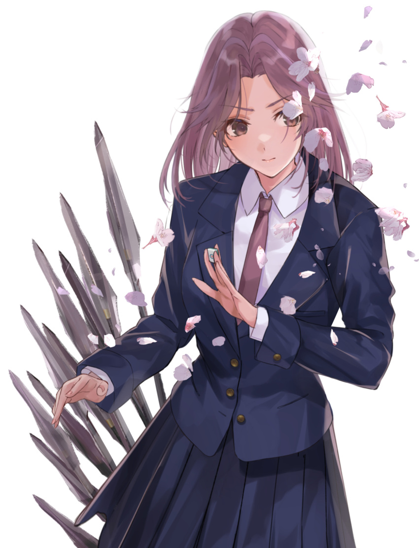 1girl blazer brown_eyes collared_shirt cowboy_shot cuff_links falling_petals fingernails formal highres jacket kajiki_yumi mahjong mahjong_tile mexifime necktie petals pleated_skirt purple_hair saki school_uniform shirt simple_background skirt solo white_background