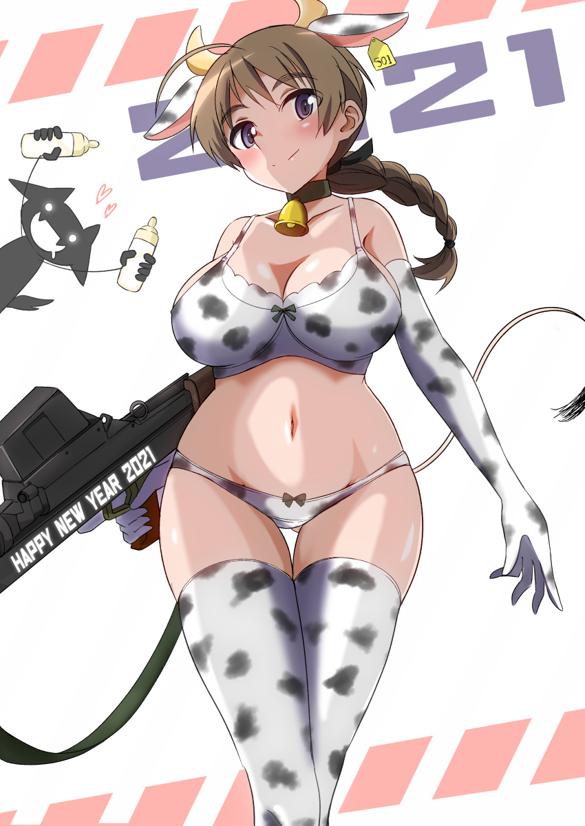 1girl 2021 absurdres animal_ears animal_print ass_visible_through_thighs baby_bottle bell blue_eyes bottle bra braid brown_hair chinese_zodiac cow_ears cow_horns cow_print cow_tail cowbell cowboy_shot gun happy_new_year highres horns large looking_at_viewer lynette_bishop miyafuji_yoshika new_year panties silhouette silhouette_demon single_braid smile standing strike_witches tail thigh_gap tricky_46 underwear underwear_only weapon weapon_request white_bra white_legwear white_panties world_witches_series year_of_the_ox