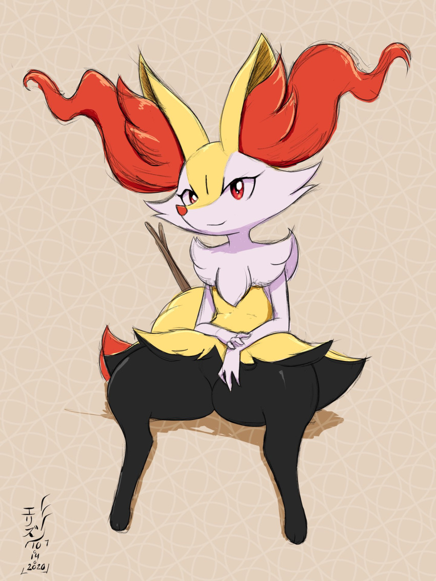 1girl animal_ear_fluff animal_ears animal_nose artist_name black_fur body_fur braixen brown_background closed_mouth commentary dated english_commentary eryz flat_chest fox_ears fox_girl fox_tail full_body furry gen_6_pokemon happy highres jpeg_artifacts looking_at_viewer paws pokemon pokemon_(creature) red_eyes sideways_mouth signature simple_background sitting sketch smile snout solo spread_legs stick tail thick_thighs thighs white_fur yellow_fur