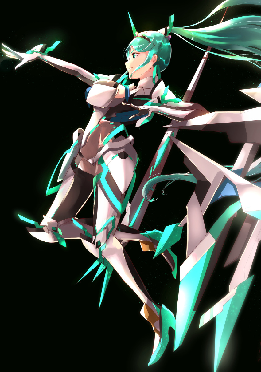 1girl absurdres armor bangs breasts chest_jewel earrings gem gloves green_eyes green_hair hair_ornament headpiece high_heels highres jewelry large_breasts long_hair long_ponytail pneuma_(xenoblade) ponytail risumi_(taka-fallcherryblossom) simple_background smile solo swept_bangs tiara very_long_hair xenoblade_chronicles_(series) xenoblade_chronicles_2