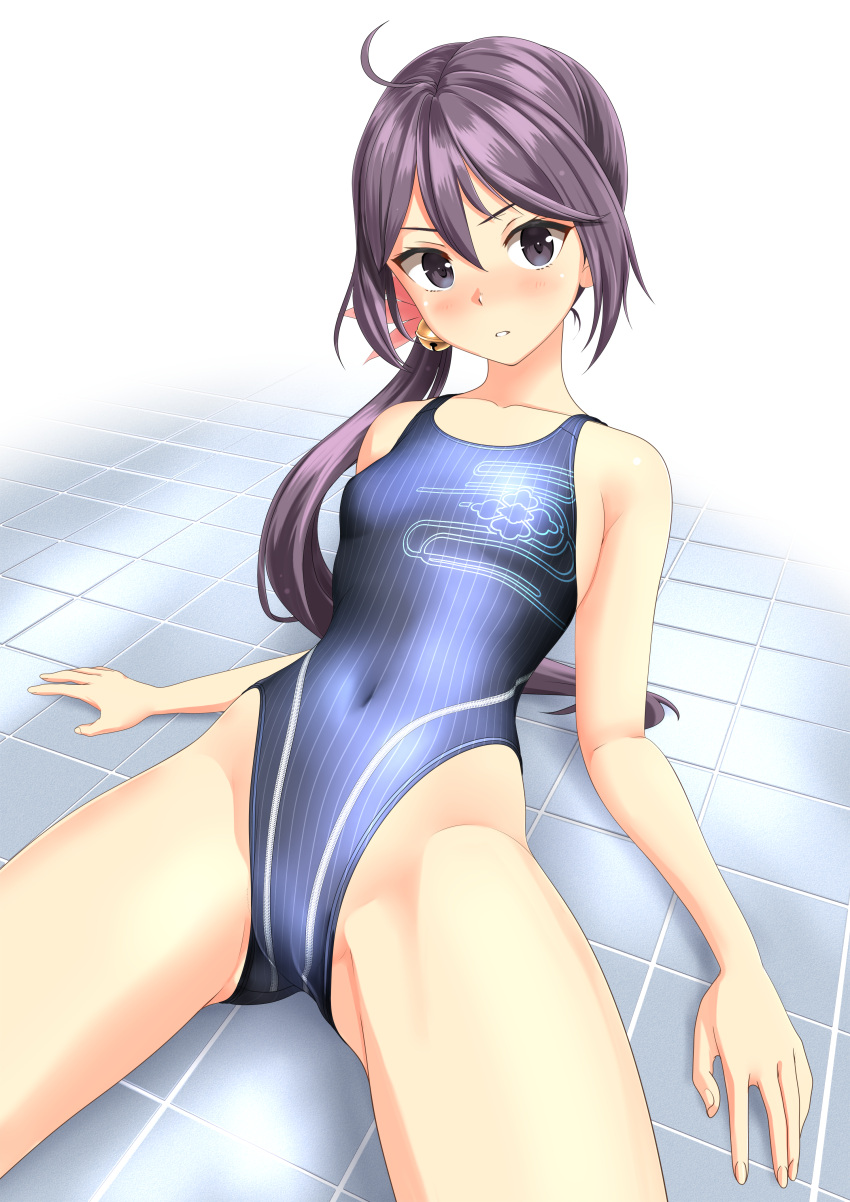 1girl absurdres ahoge akebono_(kancolle) bell black_eyes blue_swimsuit blush collarbone competition_swimsuit covered_navel cowboy_shot flat_chest flower hair_bell hair_flower hair_ornament highres jingle_bell kantai_collection long_hair looking_at_viewer lying one-piece_swimsuit purple_hair side_ponytail solo striped striped_swimsuit swimsuit takafumi tile_floor tiles very_long_hair