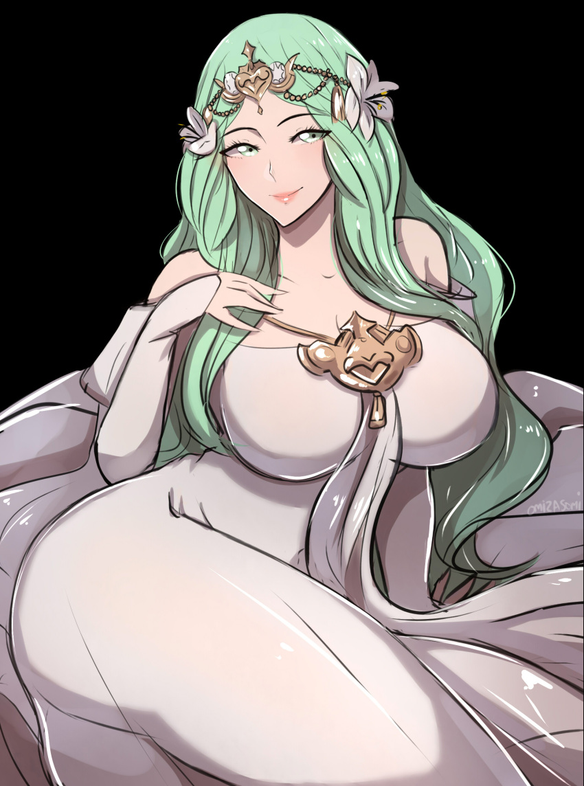 1girl absurdres bangs black_background breasts dress eyebrows_visible_through_hair fire_emblem fire_emblem:_three_houses flower green_eyes green_hair hair_flower hair_ornament highres huge_breasts long_hair looking_at_viewer omiza_somi reclining rhea_(fire_emblem) simple_background smile strapless strapless_dress thighs white_dress