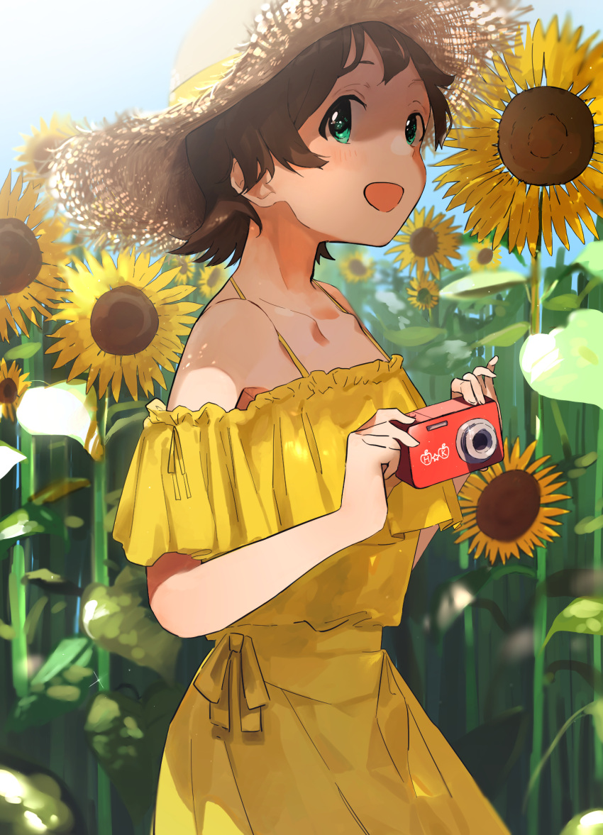 1girl :d aqua_eyes armpits blush brown_hair camera dress field flower flower_field green_eyes hat highres idolmaster idolmaster_million_live! idolmaster_million_live!_theater_days kinoshita_hinata miratarosu open_mouth outdoors short_hair sidelocks sky smile solo standing straw_hat sundress sunflower yellow_dress