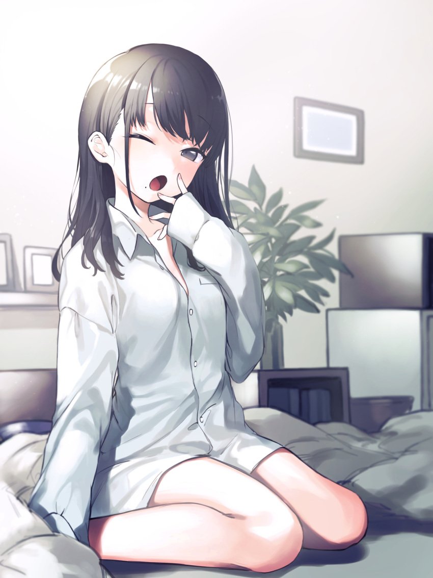 1girl :o bangs bed black_hair blanket blurry blurry_background book buttons collarbone collared_shirt commentary_request dress_shirt eyebrows_visible_through_hair fingernails grey_eyes grey_shirt hair_down hand_to_own_mouth hand_up highres idolmaster idolmaster_shiny_colors indoors kazano_hiori light_particles long_hair long_sleeves looking_at_viewer mole mole_under_mouth on_bed one_eye_closed open_mouth picture_frame plant potted_plant shelf shiny shiny_hair shirt signalviolet sitting sleeves_past_wrists solo waking_up wariza yawning