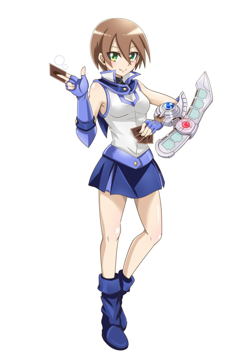 1girl aile aile_(rockman) breasts brown_hair closed_mouth cosplay duel_academy_uniform_(yu-gi-oh!_gx) gloves green_eyes highres looking_at_viewer rockman rockman_zx school_uniform short_hair simple_background skirt smile solo tenjouin_asuka tenjouin_asuka_(cosplay) white_background yu-gi-oh! yu-gi-oh!_gx