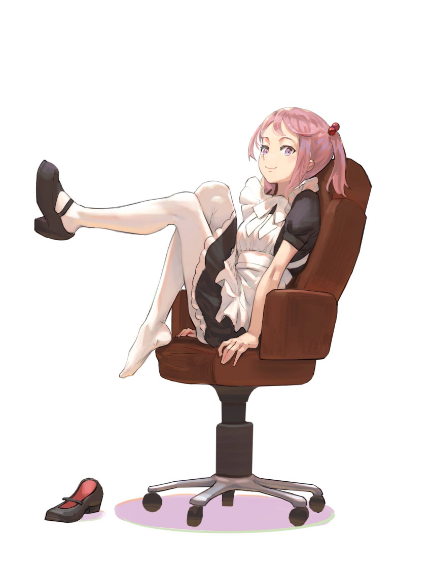 1girl apron bangs black_dress black_footwear chair dress frills full_body hair_bobbles hair_ornament highres kantai_collection lynchis maid office_chair pink_hair sazanami_(kancolle) shadow shoe_removed shoes short_sleeves short_twintails simple_background single_shoe sitting smile solo twintails violet_eyes white_apron white_background white_legwear