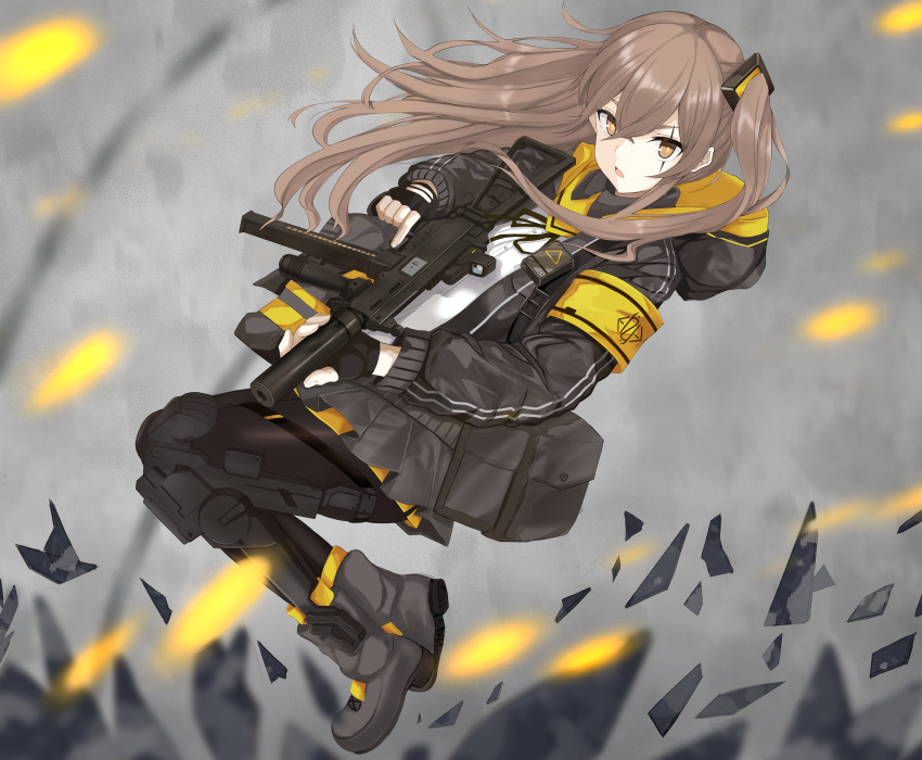 404_logo_(girls_frontline) ammunition_pouch black_gloves black_jacket black_legwear black_ribbon blurry boots brown_eyes exoskeleton fingerless_gloves full_body girls_frontline gloves grey_hair gun h&amp;k_ump45 hair_ornament highres holding holding_gun holding_weapon hood hooded_jacket jacket koenza_botoke long_hair midair one_side_up open_mouth pantyhose pouch ribbon scar scar_across_eye shirt thigh_strap tied_hair trigger_discipline ump45_(girls_frontline) weapon white_shirt